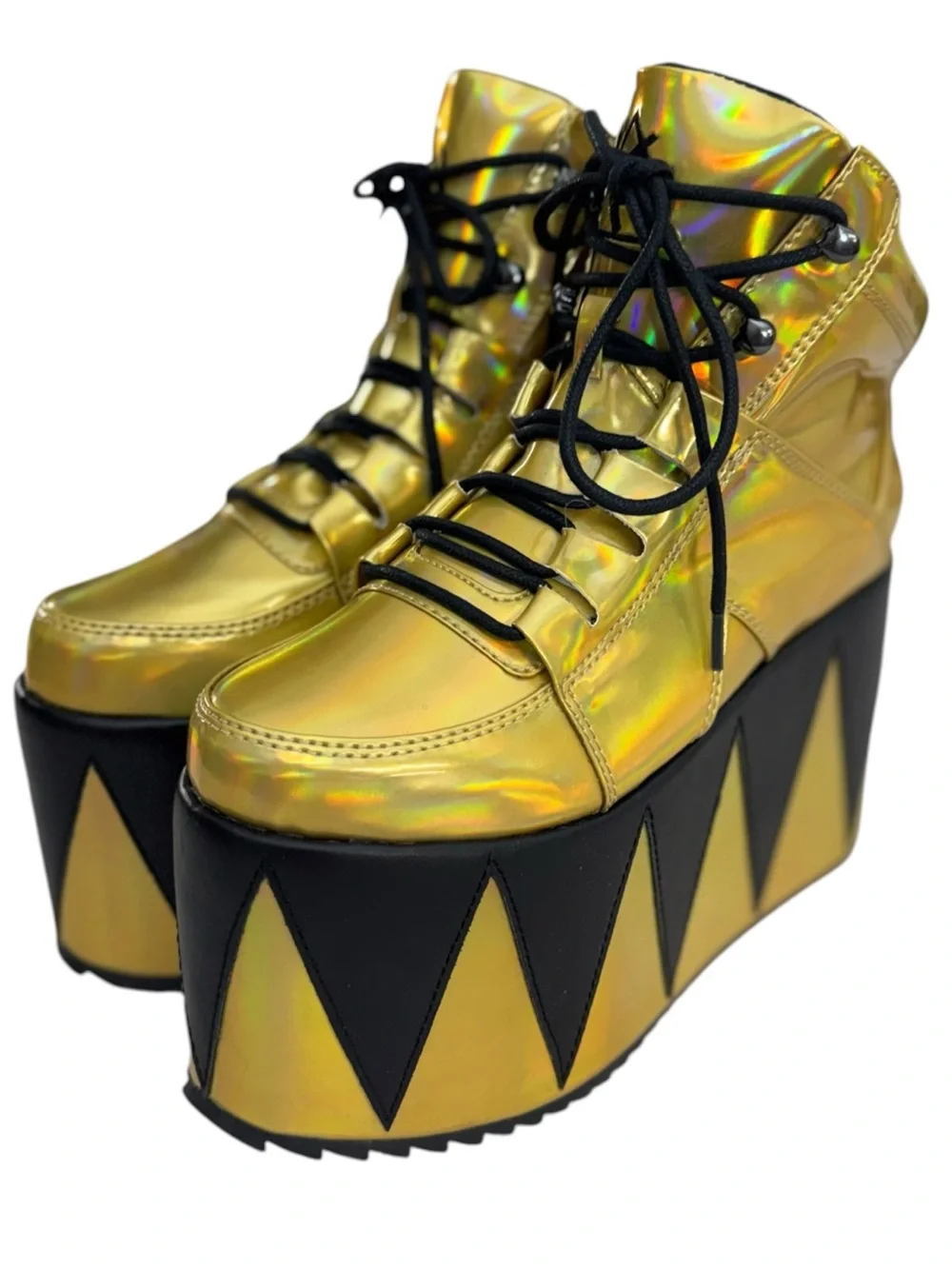 YRU Gold Holographic Alien Platform Boots Festival Rave Goth Chunky Lace Ups S7